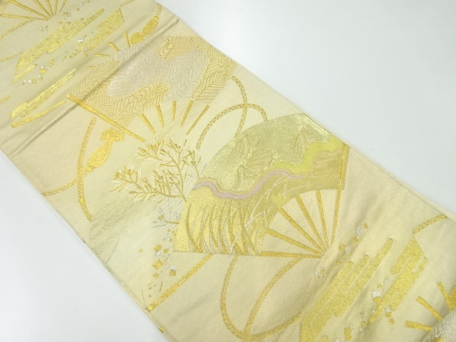 アンティーク　檜扇に流水・草花模様織出し袋帯（材料）